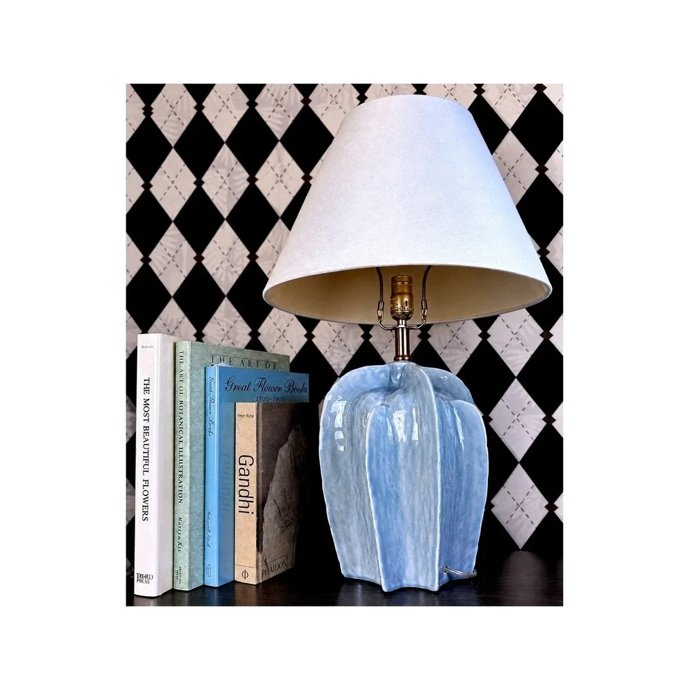 Large Sculptural Blue Pottery Table Lamp Fluted Statement Lighting 25